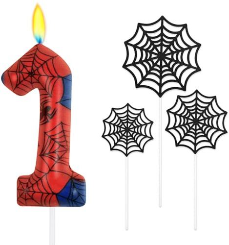 Alaoo Spider Theme Party Candles, Birthday Number Candle with 3Pcs Spider Web, Cake Topper Candle for Boys Girls Themed Birthday Halloween Party Decorations (Number 1)