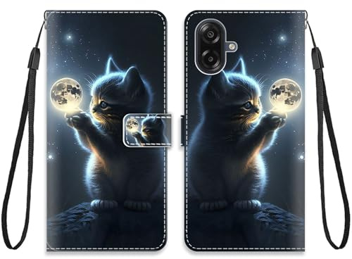 KARTXITAI Hülle Kompatibel mit Samsung Galaxy M07,Handyhülle mit Kartenfach Geld Slot Ständer PU Ledertasche Wallet Flip Magnetische Muster Schutzhülle-Mondkatze,Himmel,Sterne