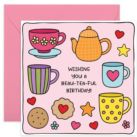 Tea Birthday Card - Cute Cups and Biscuits Design for Friend Mum Sister Grandma Colleague Tea Lover Officemate Teammate Bestie BFF Aunt Women - Greetings, Wishes -Comes with Stickers