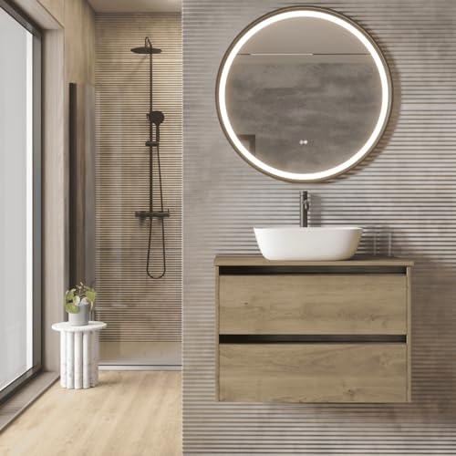 Mueble de Baño Suspendido con Lavabo Sobreponer Cerámico |Mueble Volado 2 Cajones Con Tirador | 70 cm Roble Natural Tirador Negro