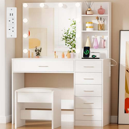 BEWISHOME Dressing Table with Mirror and LED Lights,Vanity Desk with Stool | Adjustable Brightness,Vanity Table with Power Outlet,7 Drawers and Open Shelves,Modern Makeup Table for Bedroom,White,YFST51W