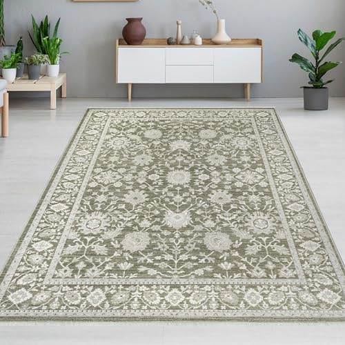 CARPETIA Teppich Flur Läufer klein Vintage Blumenmuster modern elegant weich strapazierfähig pflegeleicht Polyester mit Fransen für Flur Küche Eingang Grün Beige 80 x 150 cm