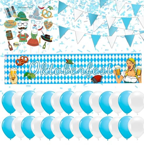 3x XXL Bayrische Wiesn Deko Dekoration Set für Ihr Oktoberfest Dahoam mit mehr als 100 Teilen - Banner & Luftballons uvm.