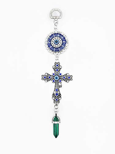 LUCKBOOSTIUM Amulett mit blauem Strassstein und Mandala-Amulett zum Aufhängen, Malachit, für Natur, Energie, Wiedergeburt, Wachstum, Dekoration, Auto, Büro, Zuhause, tolles Geschenk, 5,1 x 20,3 cm