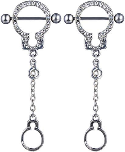 HSBHSJ Leder-Handschellen Brustwarzenring mit baumelnden Handschellen Ringe Barbell Körperpiercing Schmuck für Frauen (weiß)