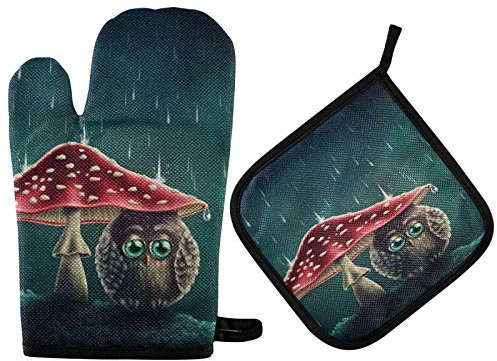 Mnsruu Ofenhandschuh und Topflappen-Set mit niedlicher Eule, hitzebeständig, Küchenhandschuh zum Kochen, Backen, Grillen, Grillen