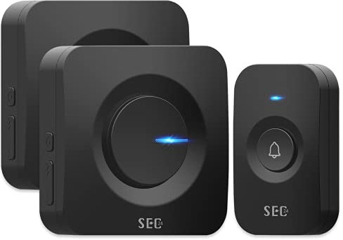 SEC24 Radio Türklingel, Drahtlose Türklingel, Wireless Klingel Set, 1 Chime Plug in für die Steckdose 1 Chime Batteriebetrieben, 52 Melodien, mit LED-Anzeige, Schwarz