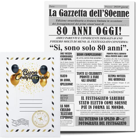 KAÏDENSÏ Idea Regalo Uomo 80 Anni - Giornale La Gazzetta Del 80 Enne - Maxi Biglietto Auguri Originale - Idee Regali Compleanno Originali - Gadget Scherzi Biglietti Divertenti per Lui