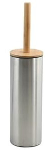 Spirella WC Bürste Klobürste Toilettenbürste „Adonis“ mit hygienischem Behälter Bambus Deckel und Silikon Bürstenkopf Silber, Stahl, INOX, 9x39cm