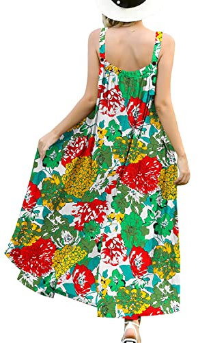 YESNO Women Dress Summer Casual Maxi Plus Size Dress Ladies Boho Floral Square Neck Long Dresses Wide Pockets M E96 UK CR10