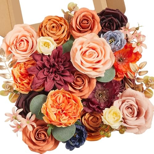 Serwalin Fiori Artificiali Autunnali Arancione Borgogna, Fiori di Seta per Bouquet da Sposa, Fiori Finti per Torta, Decorazione per Casa e Festa, Mazzi di Fiori per Bouquet Nuziale e Composizioni