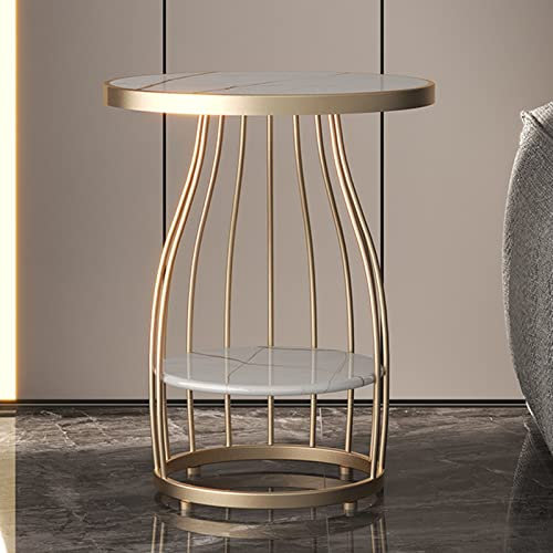 CHEMYO White Round Side End Table for Small Spaces, Living Room, Bedroom, Faux Marble Nightstand with Black Metal Frame, 2-Tier Snack Table Plant Stand Table,Gold,65x50x35cm