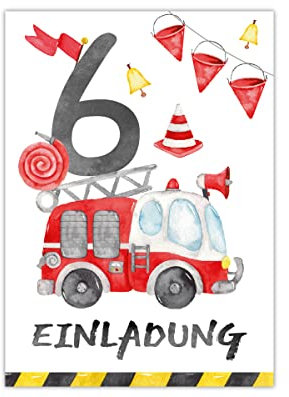 Junapack 12 Einladungskarten zum 6. Kindergeburtstag sechste Geburtstag Jungen Feuerwehr Feuerwehrauto