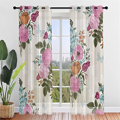 Hiseng Schiebegardinen Voile Vorhang Gardinen 2er Set, Rose Blume Druck Sheer Schiebevorhänge Lichtdurchlässig Flächenvorhänge für Wohnzimmer Schlafzimmer Fensterschal (132x244cm,Beige Retro)