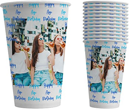 Bang Tidy Clothing Personalised Paper Photo Cups 50 Pack - 12 Oz (300 ml) Cups - Birthday Party Cups Tableware Decorations for Parties - Disposable Recyclable - Add Photo and Text - Blue
