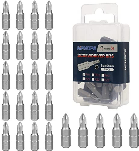 HPHOPE PH1 Bit x 25mm Length Screwdriver Bits, 1/4 Inch Standard Hex Fitting, 25 Bits per Box