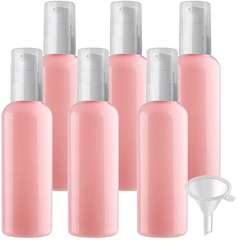 ZEOABSY 6 Pieces 100 ml Pink Lotion Bottles with White Pump, 100ml Empty PET Plastic Lotion Pump Bottle Cosmetic Gel Travel Container for Cosmetic, Make up, Cleaning + 1 x Funnel