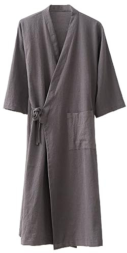 MOLUCI Herren Damen Baumwoll-Leinen-Bademantel für Paare im Japanischen Stil Saugfähiger Schnell Trocknender Kimono-Yukata-Saunamantel,Grau,M
