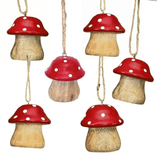 6er Set Holz Fliegenpilz Anhänger, Deko Pilz zum Hängen, ca. 5x4 cm | Metallöse, Juteband, rustikaler Charme, massives Holz, als Geschenkanhänger, für Türkranz, Weihnachtsbaum, Blumengesteck
