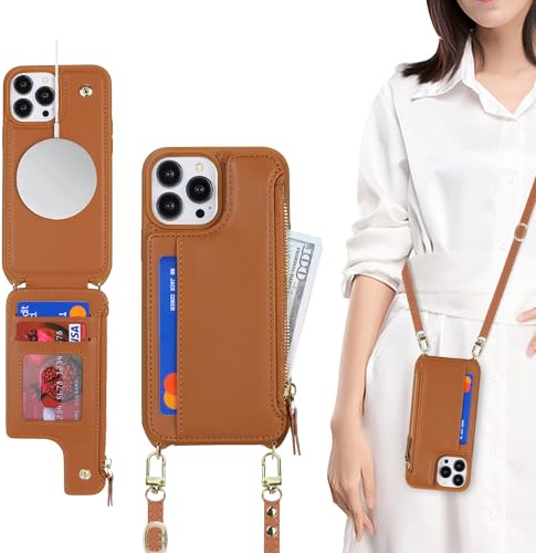 SailorTech Handyhülle für iPhone 14 Pro Max Hülle mit Band Kette, iPhone 14 Pro Max Hülle mit Kartenfach mag Safe, iPhone 14 Pro Max Handytasche mit Reißverschluss Geldbörse - Braun