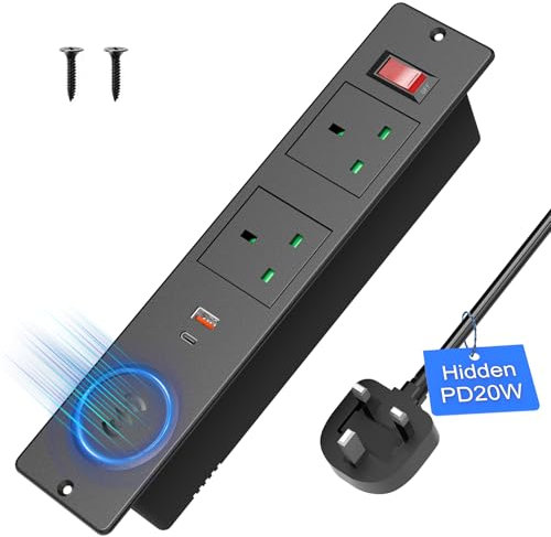 sewingvr Recessed Power Strip with USB C PD20W, Desk Power Socket with Wireless Charging, Desk Extension Lead with Switch, Hidden in Furniture Desk Table, Black