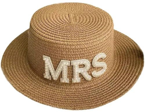 Sombrero de Paja Nupcial para Boda Sombrero Tejido de ala Ancha Sombrero Ligero para la Playa y el Sol Gorra para Despedida de Soltera Sombrero de Cubo