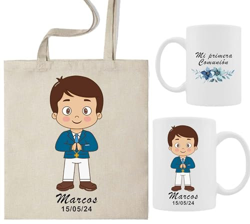 ELISA BOTELLA Pack taza comunion + bolsa de tela, kit regalo comunion bolsa de tela con taza mi primera comunion (Pack Comunión Niño PERSONALIZADO)