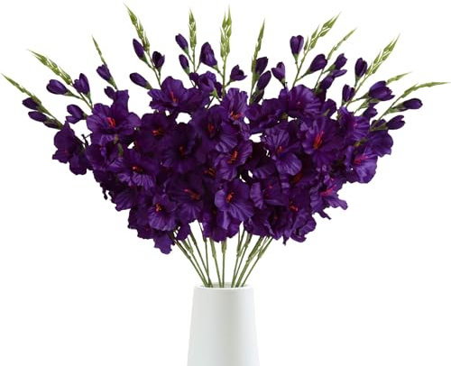 IPOPU 10pcs Dark Purple Silk Gladiolus Artificial Flowers, 30.3in with Stems, Elegant Formal Realistic Style, Perfect for Home Office Decor