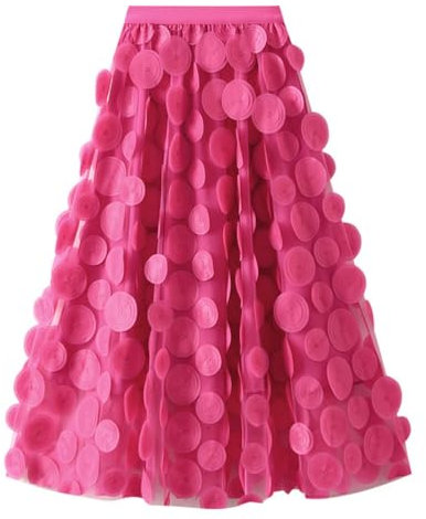 seiveini Tüllrock Damen Langer Rock Elegant Tüll Plisseerock A Linie Maxirock Swing Röcke 1950er Jahre Hohe Taille Großer Saum Rock Vintage Faltenrock Prinzessin Tüll Unterrock A Rose Rot M