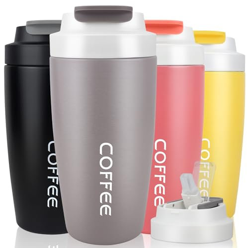 BOCHION Coffee Cup, 500ml Leakproof Insulated Travel Mug with Straw, Reusable Double-Wall Vacuum Stainless Steel for Hot and Cold Drinks, Portable Thermal Cup for Office, Home, and Travel, Grey