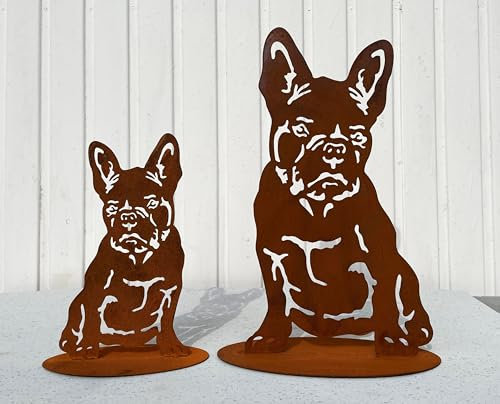 STEINFIGURENWELT GIEBEN Gartenfigur Hund Französische Bulldogge auf Platte 45x26cm Edelrost Gartendeko Wetterfest Rost Metall Rostfigur Bully