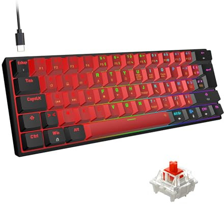 Snpurdiri Clavier Mécanique 60% Filaire Switch Rouge, Clavier Gaming Compact Noir et Rouge AZERTY, Clavier Gaming Mini avec 62 Touches LED Rétroéclairage Arc-en-Ciel pour Gamer, PC, Office