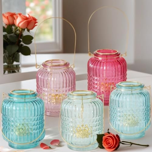 5er Set Vintage Teelichthalter aus Glas 13cm groß - Kerzenständer & Windlichter als Maritim Wohnzimmer Tisch Deko - Exquisite Teelichtgläser perfekte Kerzengläser für Ihre Teelichter