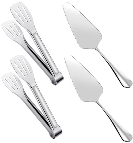 Rordigo 4 Pcs Kitchen Cooking Tongs Stainless Steel Cake Slicer with Serrated Edges for Kitchen, and Wedding