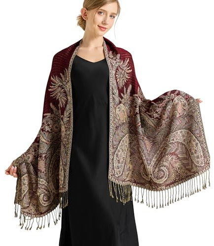 Rave Pashmina Schals und Tücher-Soft Silky Burgundy Jacquard Abend Paisley Pashmina Schals für Frauen Winter(DE-Style 2-Burgundy)