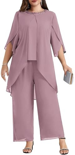 Hanna Nikole Set da sera in chiffon da donna plus size per matrimonio elegante pantaloni tuta due pezzi paillettes girocollo camicia per donna pantaloni tuta rosa viola 28, Rosa, viola, 28 Plus