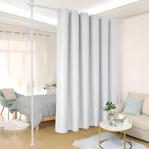 Raumteiler, ohne Bohren Gardinenstangen Wandteiler für Raumtrennung, B 178 cm x H 317 cm, verstellbar, strapazierfähig, Boden bis Decke, tragbar, hängende Raumteiler, Trennwände, Raumtrenner, Weiß