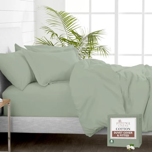 Pizuna Pure 100% Cotton Super King Duvet Cover with Super King Fitted Sheet Sea Foam, 400 Thread Count Long Staple Cotton Bedding Set, Soft Sateen Weave Quilt Cover Set & 40 cm Deep Fitted Sheets