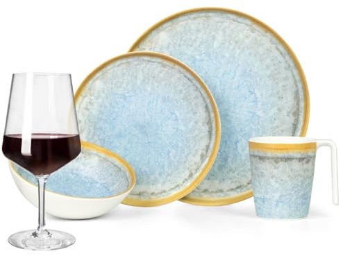 Melamin Camping Geschirr Set 4 Personen Crystal Blue + 4 Milano Rotwein Gläser Rot Weingläser Tafelgeschirr Picknick BBQ Kochgeschirr