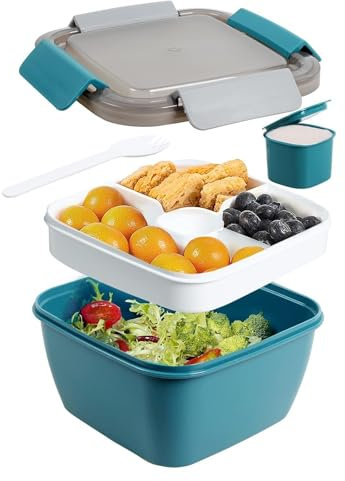 volumoon Contenitore per il Pranzo, 1100 ML Porta Pranzo con Posate e Scatola per Salse, Contenitore Pranzo Impilabile, Riutilizzabili Contenitore per Alimenti per Campeggio, Scuola, Picnic (Blu)