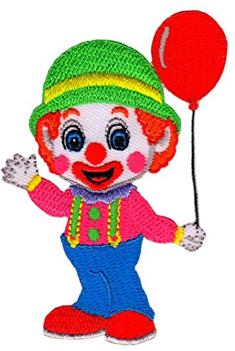 Gestickter Clown mit rotem Luftballon Aufnäher zum aufbügeln oder aufnähen Bügelbild Aufbügler für Kleidung Bügelpatch Applikation Zirkus Patch Größe 6,0 x 8,5 cm