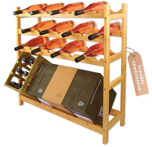 VINOMENTO Weinregal Holz, 24 Flaschen + 4 Weinkarton, Flaschenregal Stapelbar, Getränkeregal erweiterbar, Weinregal Stapelbar, Flaschenaufbewahrung, Flaschenregal Holz, Weinflaschenregal