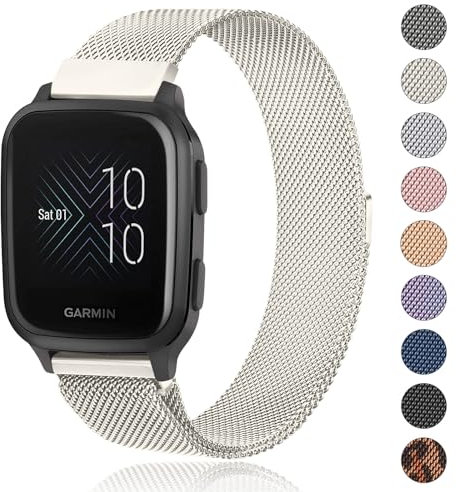 Amzpas Garmin Armband 20mm für Garmin Venu/Venu 2 Plus/Venu Sq/Venu Sq 2 Music Damen Herren,Edelstahl Mesh Metall Ersatzarmbänder für Garmin Venu Sq 2(Starlight)