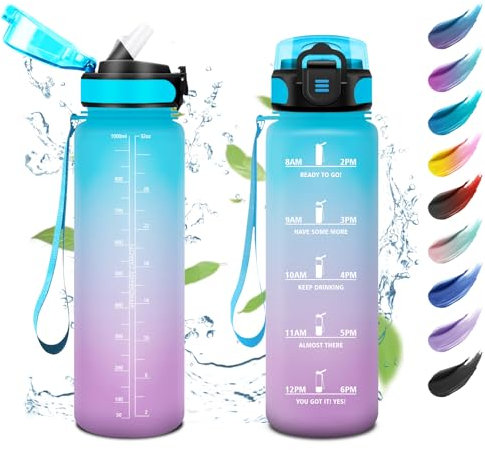 Borraccia Palestra 1 Litro, Bottiglia Acqua con Indicatore del Tempo, Borraccia Motivazionale con Cannuccia, a Prova di Perdite, Facile Pulizia, Borraccia Palestra per Scuola, Campeggio, Viaggio