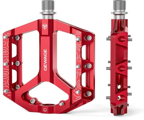 GEWAGE Pedales MTB Planos – Set de Pedales Antideslizantes para Bicicleta, aleación de Aluminio fresado CNC, Eje 9/16, 4 Colores, Ideales para MTB y Gravel (Rojo)
