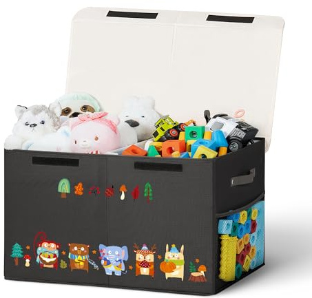 ADEHMDA Large Toy Box, Toy Box Storage with Lid, Collapsible Sturdy Toy Chest Box for Girls and Boys, Nursery Room and Living Room, 26x13 x16(black-animal)-Gift for Kids