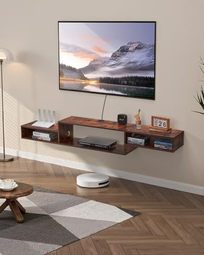 VEVOR Soporte flotante para TV, centro de entretenimiento de 70 pulgadas con toma de corriente y agujero para cable, moderno estante flotante para TV con armario de almacenamiento para reproductor de