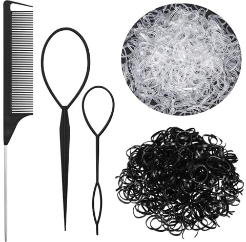 Heyumybit Hair Braiding Tool,2000 Pcs Elastic Hair Bands With Rat Tail Comb and 2 Hair Braid Tools,Mini Rubber Bands Plastic Hair Bands DIY Hair Styling for Women Hair,Kids Hair,Braids Hair