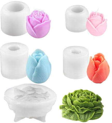 5 Pezzi Stampo per Candele in Silicone, Stampi in Silicone per Candele | A Forma Di Fiore, A Forma Di Tulipano, per Candele, Sapone, Gesso, Resina, Decorazione Per La Casa, San Valentino, Natale