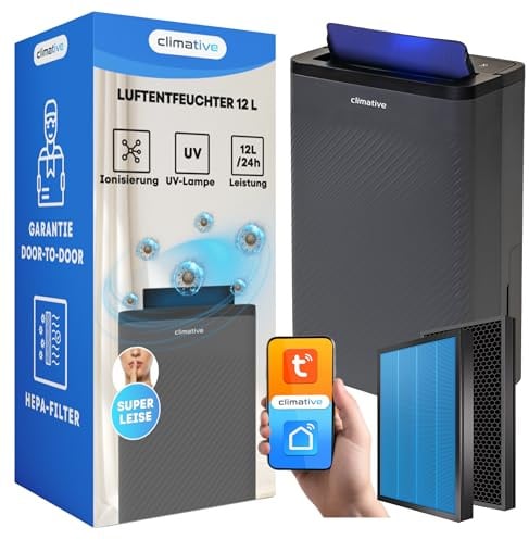 Climative Luftentfeuchter Elektrisch 12L/24h mit HEPA H10 Filter & Aktivkohle, WiFi Smart Home Air Purifier Nexi ION UV Raumentfeuchter für Zuhause, Wohnung, Badezimmer & Wohnzimmer bis 20 m²